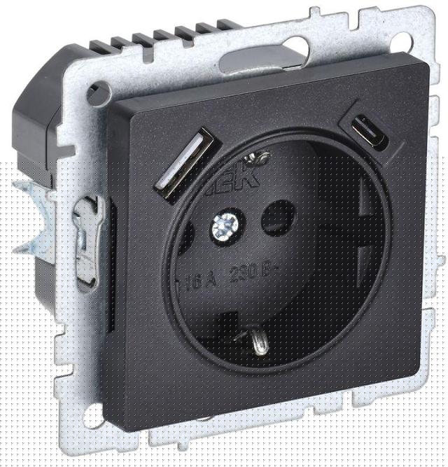 Розетка BRITE РЮш11-1-БрЧ 16А с USB A+C 18Вт с заземл. защ. шторки черн. IEK BR-R14-16-U22-018-K02